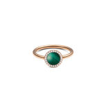 Rose gold ring with round green malachite centre, haloed by white cubic zirconia, elegant and modern jewellery design.