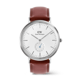 Classic men’s watch with an off-white sunray dial featuring a subtle triangular pattern, a blue-tipped sub-second hand, silver stainless steel case, and a brown leather strap.