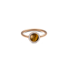 Rose gold ring with round tiger eye gemstone, haloed by white cubic zirconia, slender polished band, elegant design.