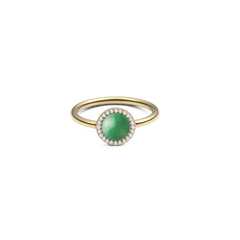 Gold ring with round green jade centrepiece, haloed by white crystals, slim band, elegant and timeless jewellery design.