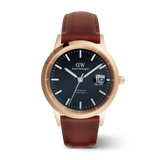 Daniel Wellington Iconic St Mawes Automatic Rose Gold watch with an arctic blue enamel dial, rose gold 40mm case, magnified date display, and brown Italian leather strap.