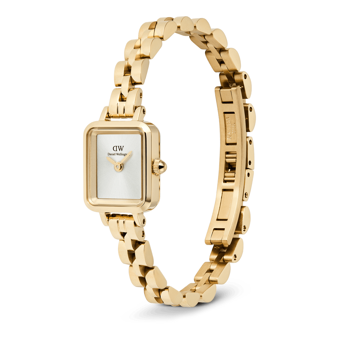 Quadro Mini Arch 3-link White Sunray Gold watch with a rectangular gold case, minimalist white sunray dial, and an open arched 3-link gold bracelet showing the butterfly clasp.