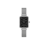 Sterling silver rectangular women’s watch with black mother of pearl dial, crystal bezel, and mesh strap by Daniel Wellington.