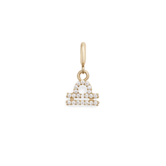 Libra zodiac watch charm in gold-plated stainless steel, featuring the Libra symbol adorned with sparkling cubic zirconia crystals and a polished gold loop for attaching to a watch strap.
