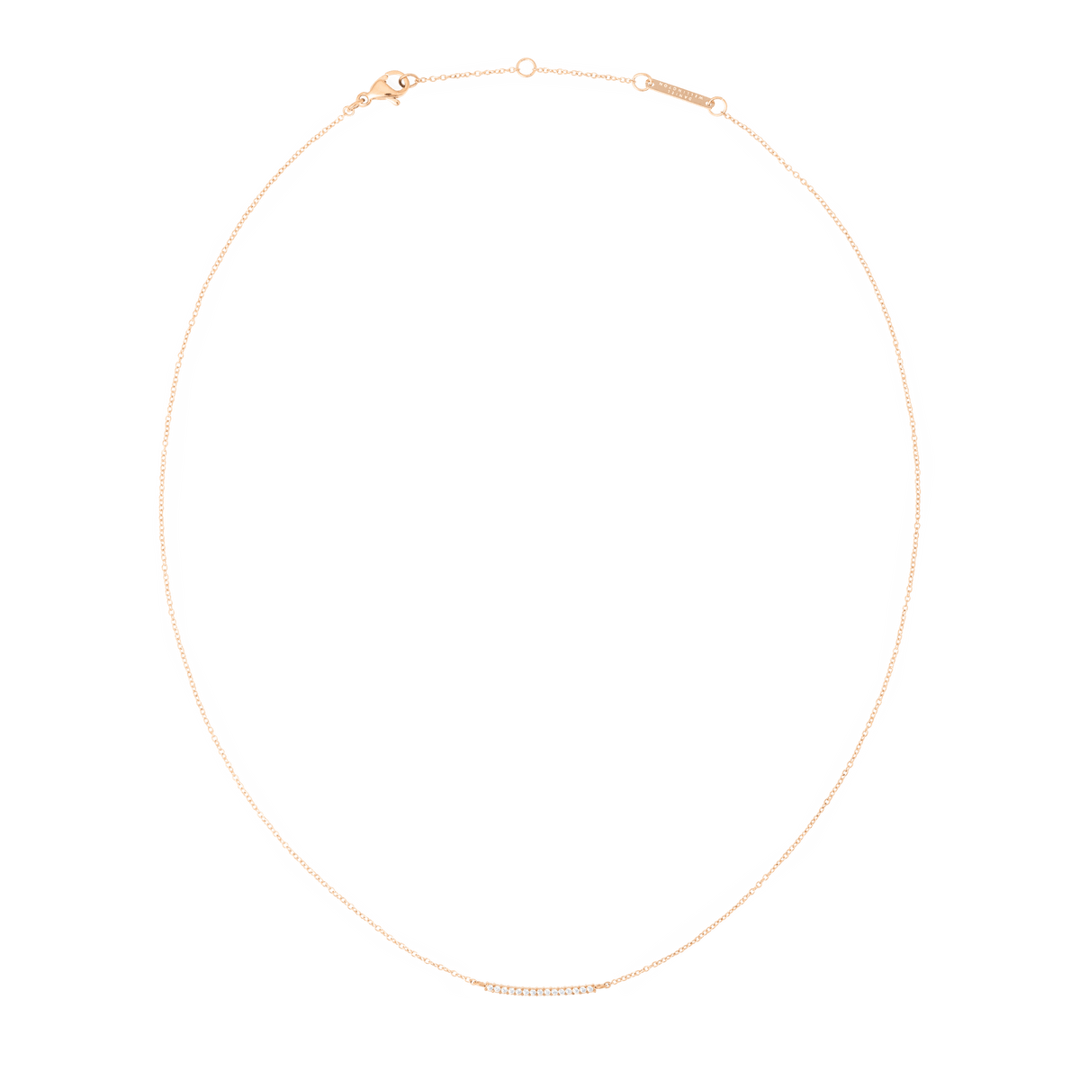 Rose gold necklace featuring a slender chain and a gently curved bar set with small white cubic zirconia crystals, designed for a minimalist and elegant look.