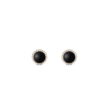 Pair of round gold stud earrings featuring domed black agate centres, each surrounded by a halo of sparkling white cubic zirconia crystals.
