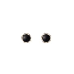 Pair of round gold stud earrings featuring domed black agate centres, each surrounded by a halo of sparkling white cubic zirconia crystals.
