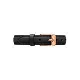Black Italian leather watch strap with subtle stitching and a polished rose gold buckle, designed for Daniel Wellington watches and featuring an engraved logo on the buckle.