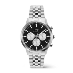 Stainless steel Daniel Wellington chronograph watch featuring a black "Panda" dial with silver sub-dials, luminous indexes, and a polished 5-link silver bracelet.