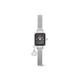 Rectangular women’s watch with a black mother of pearl dial, crystal-set bezel, and a silver mesh strap, featuring a removable zodiac charm for a personalised touch. The elegant design is lightweight and refined, ideal for everyday wear or special occasions.