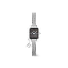 Rectangular women’s watch with a black mother of pearl dial, crystal-set bezel, and a silver mesh strap, featuring a removable zodiac charm for a personalised touch. The elegant design is lightweight and refined, ideal for everyday wear or special occasions.