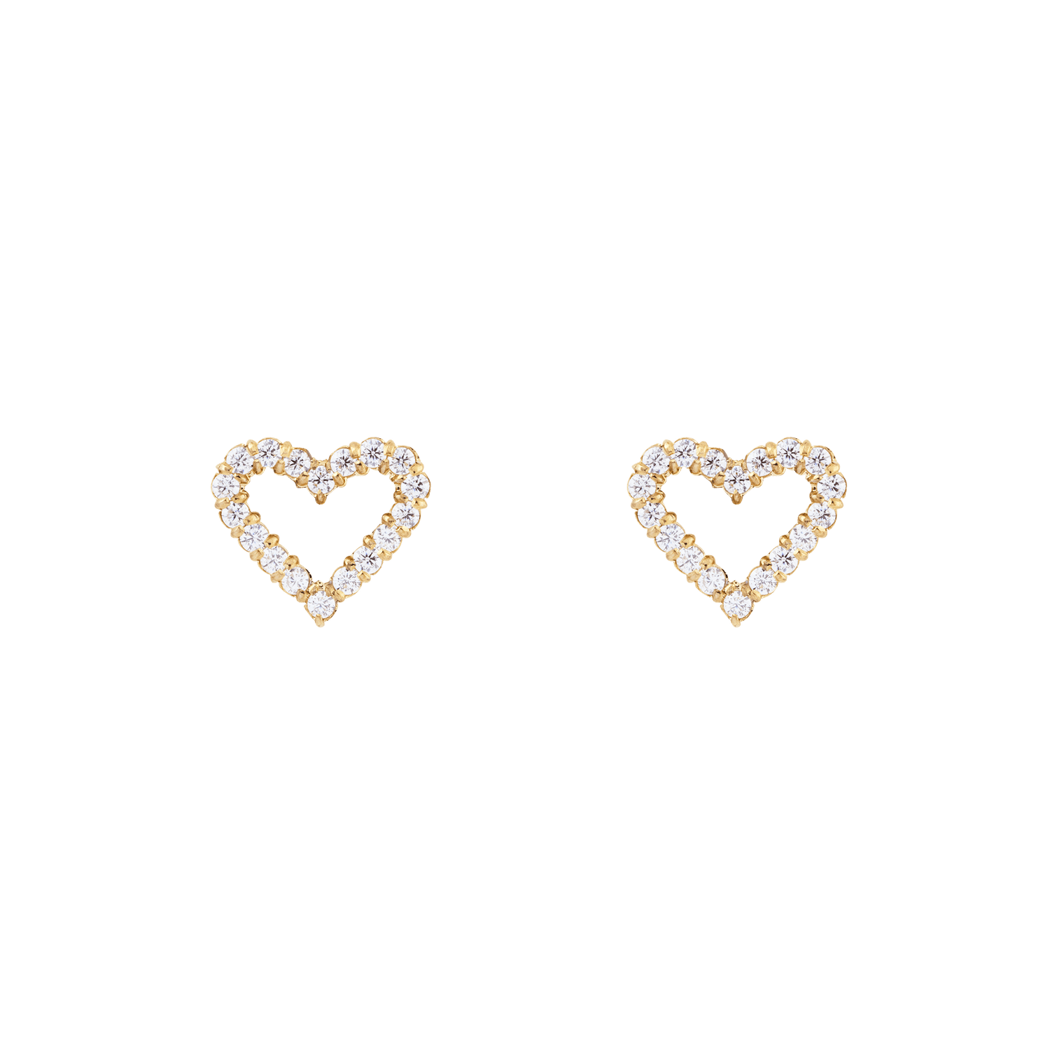 Pair of Mirelle Heart Earring Gold studs featuring open-heart shapes crafted from gold-toned stainless steel, each set with sparkling white cubic zirconia crystals in a pavé setting.