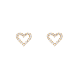 Pair of Mirelle Heart Earring Gold studs featuring open-heart shapes crafted from gold-toned stainless steel, each set with sparkling white cubic zirconia crystals in a pavé setting.