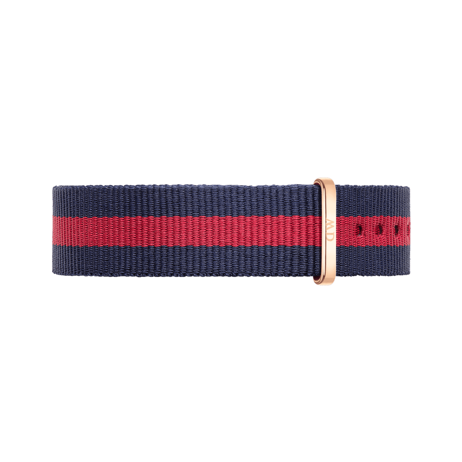 Oxford Strap Rose Gold nato watch strap featuring a navy and red striped design with a rose gold buckle, made from durable polyester for Daniel Wellington watches.