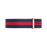 Oxford Strap Rose Gold nato watch strap featuring a navy and red striped design with a rose gold buckle, made from durable polyester for Daniel Wellington watches.