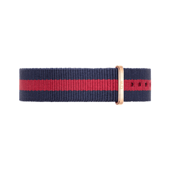 Oxford Strap Rose Gold nato watch strap featuring a navy and red striped design with a rose gold buckle, made from durable polyester for Daniel Wellington watches.
