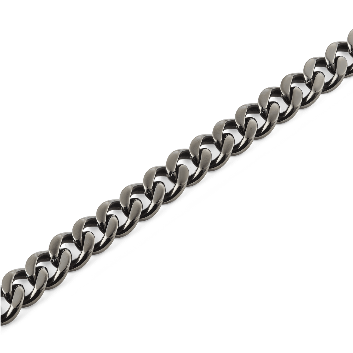 Close-up of the Ellipse Cuban Chain Necklace in graphite, showing polished flat Cuban links crafted from 316L stainless steel with a modern, sleek finish.