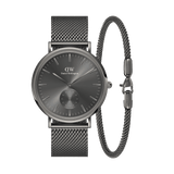 Daniel Wellington Classic Multi Eye Mesh Graphite watch with a round graphite dial and matching mesh strap, paired with a coordinating mesh bracelet, both featuring a sleek, modern graphite finish.
