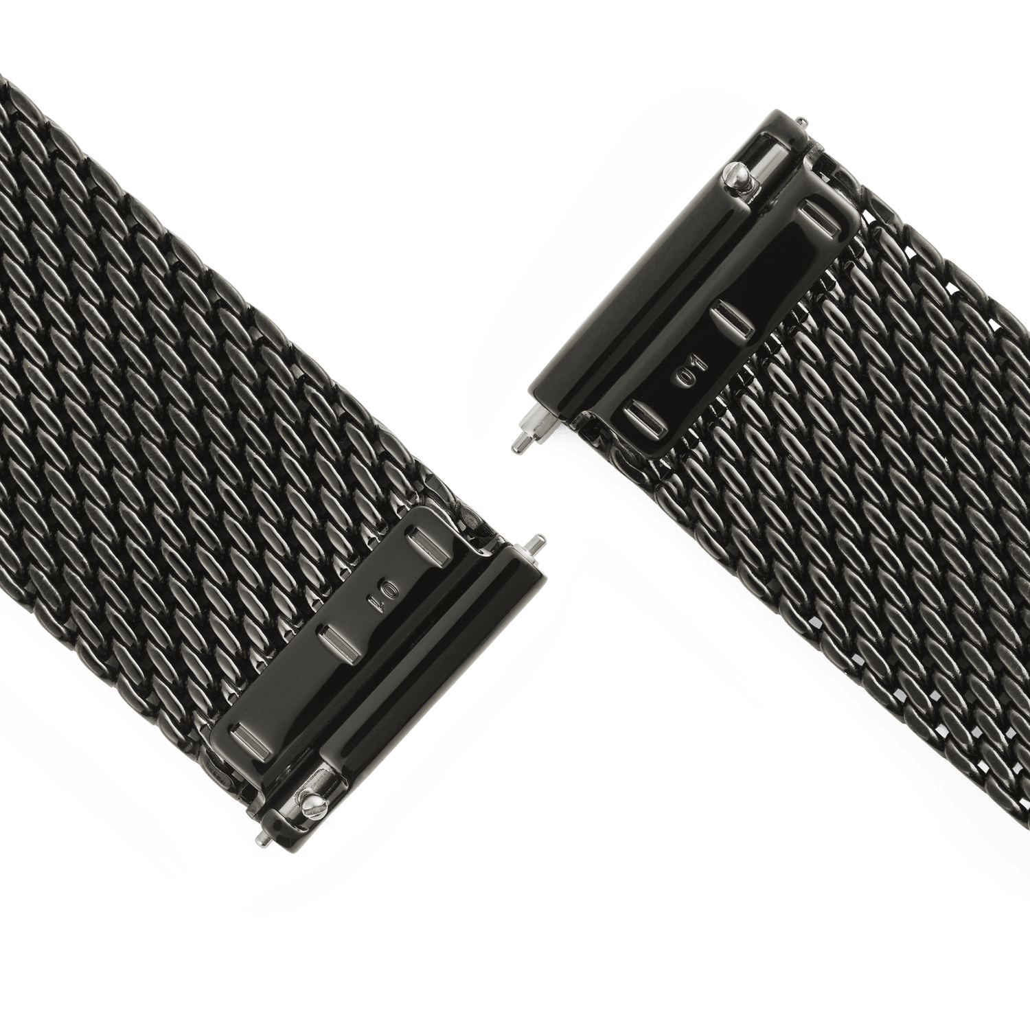 Close-up of the Daniel Wellington Graphite Mesh Strap ends, highlighting the quick-release connectors and fine stainless steel mesh in a graphite finish.