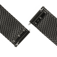 Close-up of the Daniel Wellington Graphite Mesh Strap ends, highlighting the quick-release connectors and fine stainless steel mesh in a graphite finish.