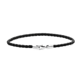 Slim black braided leather bracelet with a polished silver-tone lobster clasp, featuring a minimalist unisex design ideal for everyday wear or layering with a watch.