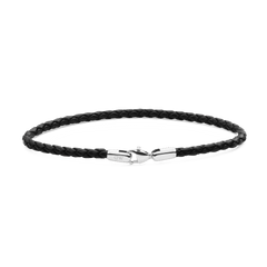 Slim black braided leather bracelet with a polished silver-tone lobster clasp, featuring a minimalist unisex design ideal for everyday wear or layering with a watch.