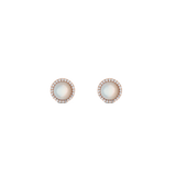 Rose gold stud earrings with domed mother of pearl centre and halo of sparkling cubic zirconia crystals, elegant and timeless.