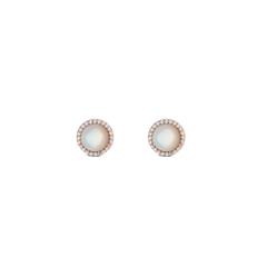 Rose gold stud earrings with domed mother of pearl centre and halo of sparkling cubic zirconia crystals, elegant and timeless.