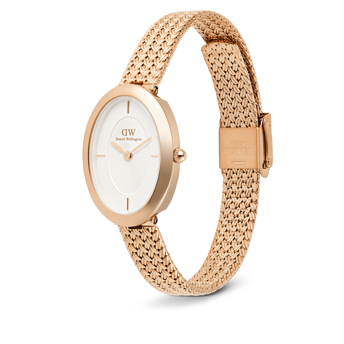Juliette Braided Mesh White Sunray Rose Gold watch featuring a slim oval rose gold case, white sunray dial with minimalist indices, and a distinctive braided mesh strap with a fold-over clasp.