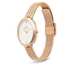 Juliette Braided Mesh White Sunray Rose Gold watch featuring a slim oval rose gold case, white sunray dial with minimalist indices, and a distinctive braided mesh strap with a fold-over clasp.