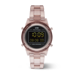 Retro Digital Dark Pink women’s watch with a transparent dark pink bio-based plastic case and strap, featuring a black digital dial with dual time, day display, and chronograph functions.
