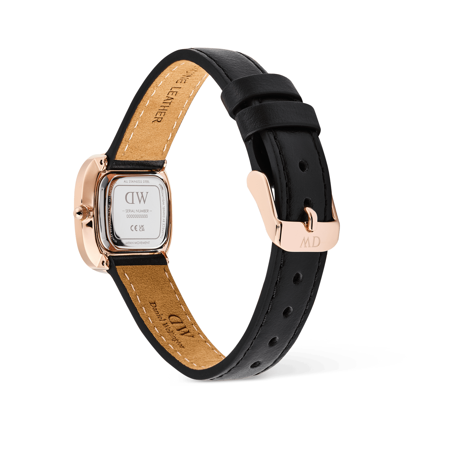 Rear view of the Margot Sheffield Unitone Sunray Rose Gold watch, highlighting the engraved stainless steel case back, genuine black leather strap, and rose gold pin buckle closure.