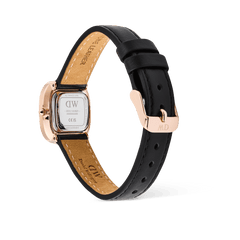 Rear view of the Margot Sheffield Unitone Sunray Rose Gold watch, highlighting the engraved stainless steel case back, genuine black leather strap, and rose gold pin buckle closure.