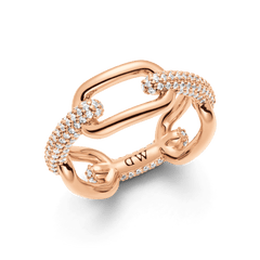 Chunky rose gold chain link ring featuring polished interlocking links, partially encrusted with sparkling cubic zirconia crystals for a modern, elegant finish.