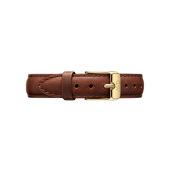 St Mawes Strap Gold in brown genuine leather, featuring fine stitching and a polished gold buckle with engraved branding, designed for a classic and elegant watch upgrade.