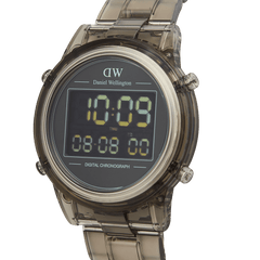 Daniel Wellington Retro Digital Light Grey watch with a transparent bio-based plastic case, light grey link strap, and a black digital dial showing dual time and chronograph features.