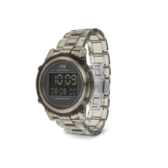 Daniel Wellington Retro Digital Light Grey watch with a transparent bio-based plastic case and strap, black digital dial, and stainless steel butterfly buckle.