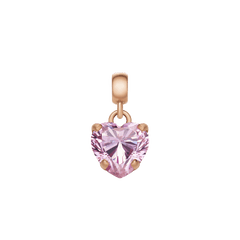 Heart-shaped pink crystal charm set in a rose gold-plated stainless steel frame, featuring a delicate claw setting and an adjustable clasp for easy attachment to bracelets or necklaces. The soft pink cubic zirconia sparkles, creating an elegant and romantic jewellery accent.