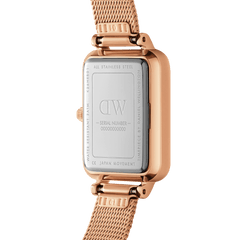 Back view of the Quadro Roman Numerals Melrose watch showing its stainless steel caseback, engraved details, and rose gold mesh strap.