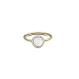 Gold ring with domed mother of pearl centre, surrounded by sparkling cubic zirconia, minimalist band design.