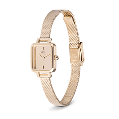 Quadro Mini Reflection Rose Gold watch with a slim rectangular case, mirror glass dial, and a polished rose gold mesh strap featuring an adjustable clasp.