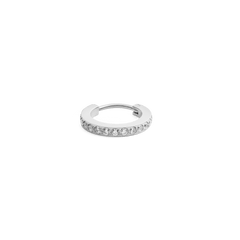 Polished silver hoop earring featuring a row of sparkling cubic zirconia crystals in a modern, minimal claw setting.