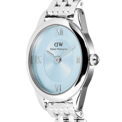 Ophelia Mini Ice Blue Silver women’s watch with oval case, sunray ice blue dial, Roman numerals, and polished silver bracelet.
