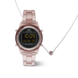 Pastel pink digital watch with a transparent acrylic strap, paired with a delicate sterling silver necklace featuring a round pink charm, both displayed together as a coordinated women’s jewellery set.