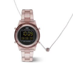 Pastel pink digital watch with a transparent acrylic strap, paired with a delicate sterling silver necklace featuring a round pink charm, both displayed together as a coordinated women’s jewellery set.