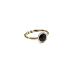 Audrey Ring Black Agathe Gold featuring a round black agate centre and halo of white crystals on a slim gold band.
