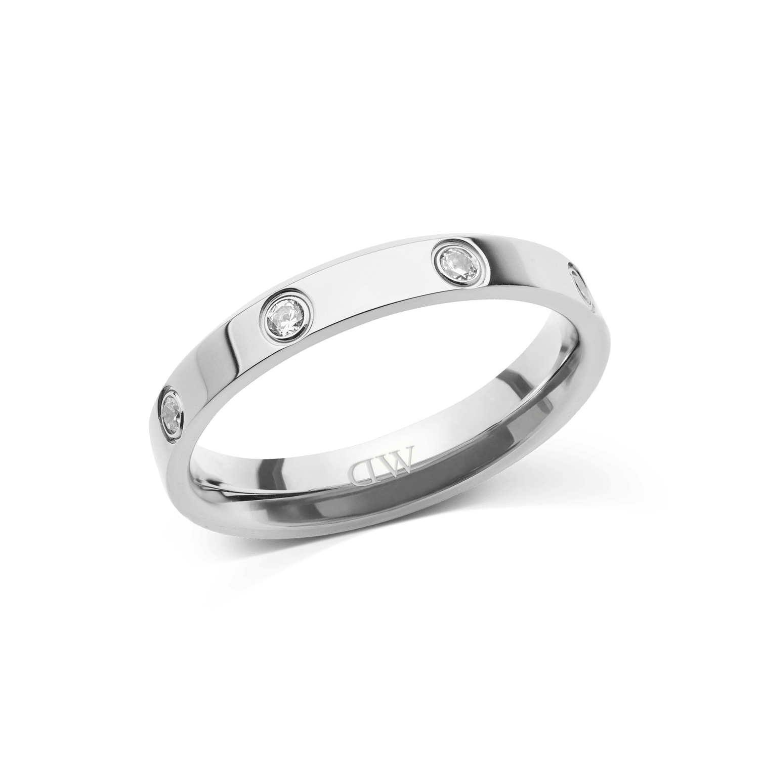 Polished silver ring with a 4 mm band, featuring eight evenly spaced cubic zirconia crystals set into 316L stainless steel for a refined, minimalist look. The design is sleek and understated, ideal for everyday wear or special occasions.