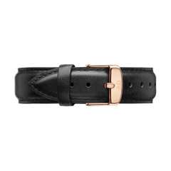 Sheffield Strap Rose Gold in black Italian leather with neat stitching and a polished rose gold buckle engraved with the Daniel Wellington logo, designed for a timeless and elegant watch upgrade.
