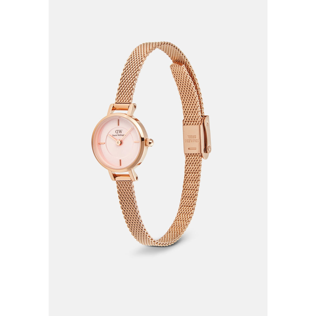 Petite Mini Blush Melrose watch featuring a blush pink sunray dial, minimalist markers, and a slim rose gold mesh strap with an adjustable clasp.