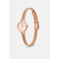 Petite Mini Blush Melrose watch featuring a blush pink sunray dial, minimalist markers, and a slim rose gold mesh strap with an adjustable clasp.